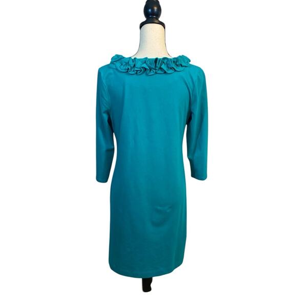 Talbots Jade Green 3/4 Sleeve Ruffle Neck Knit Sheath Dress Size MP - Picture 2 of 9